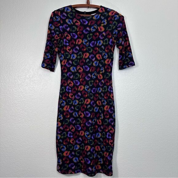 FARM Rio Leopard Print Jersey Sheath Dress in Black Ikat-Dyed Size S - Picture 2 of 13